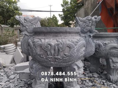 Mẫu Lư hương đá Song Long nguyên khối